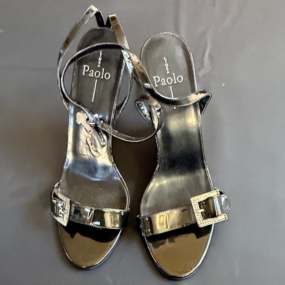 Linea Paolo Black Patent Lace Wedge Sandals Rhinestone Buckle Size 11 - Picture 3 of 11